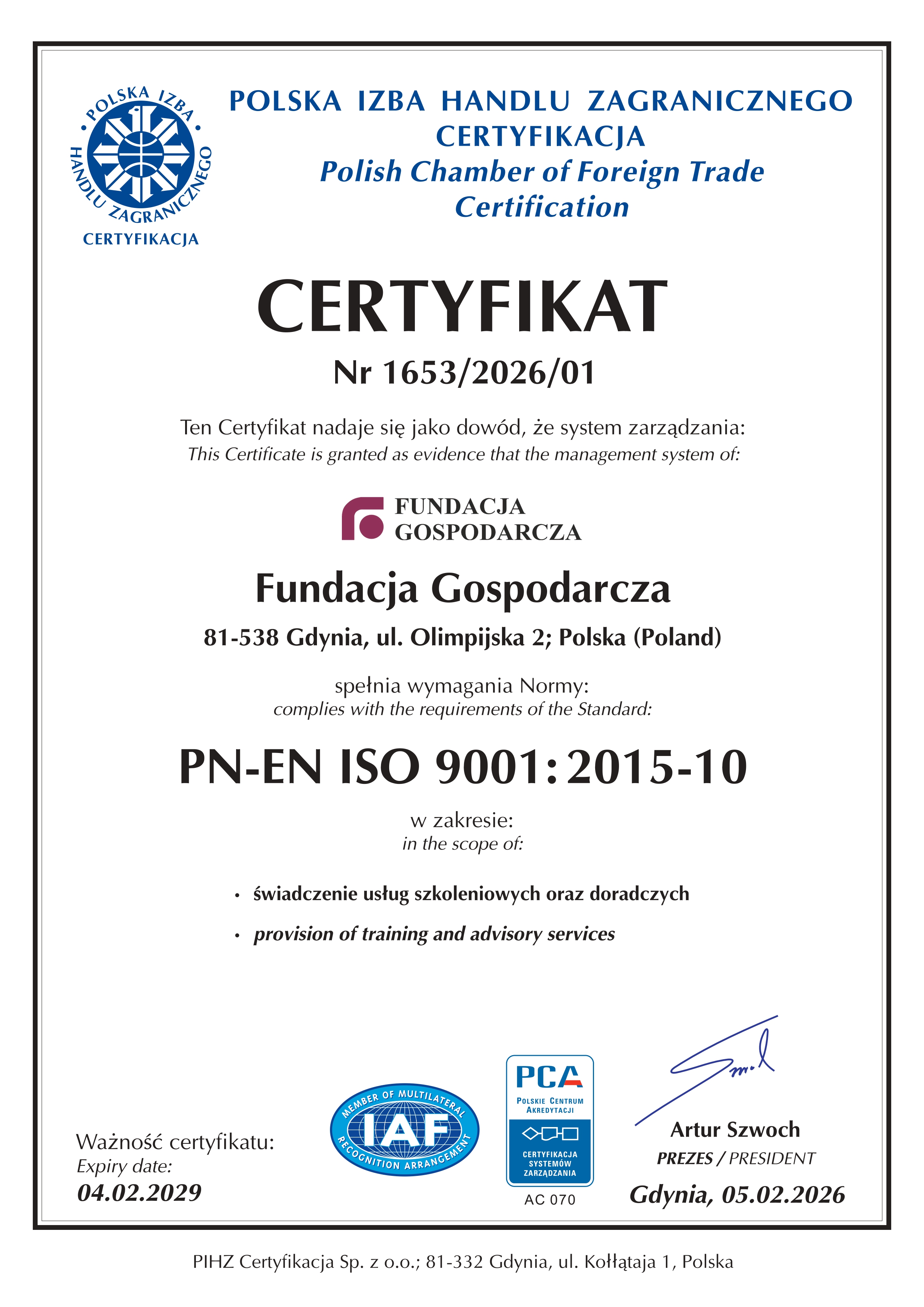 Certyfikat PN-EN ISO 9001:2015-10