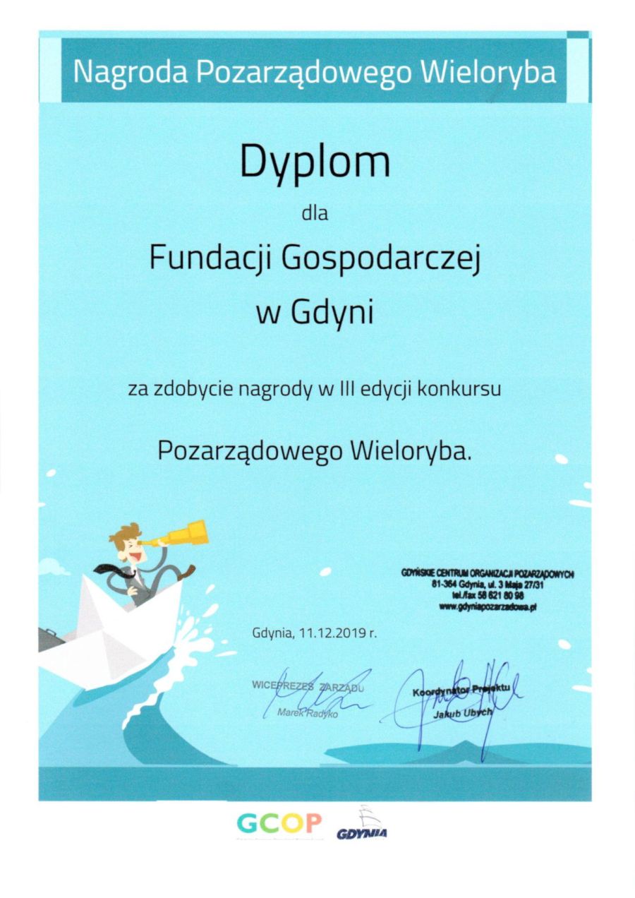 Dyplom za zdobycie nagrody w III edycji konkursu Pozarządowego Wieloryba