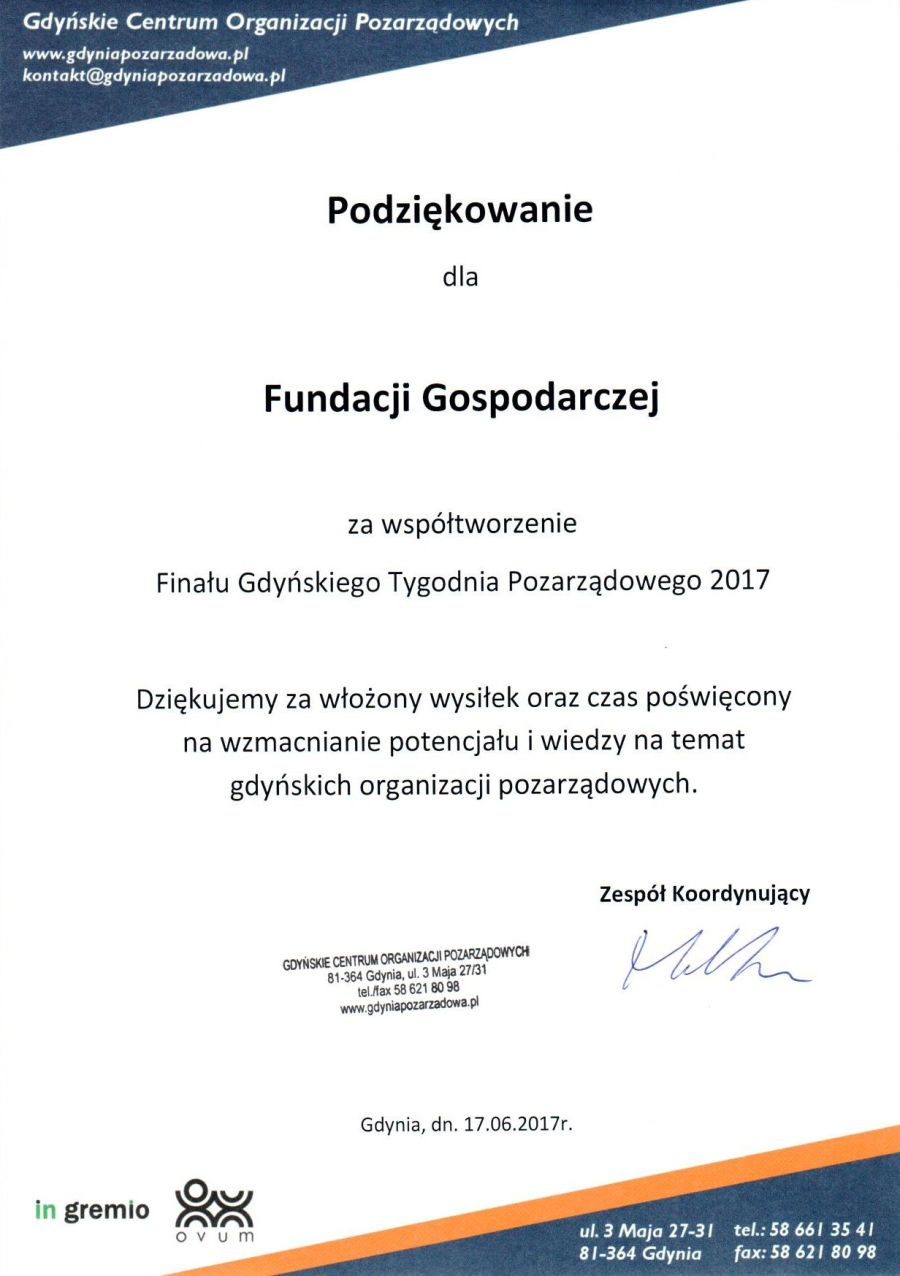 Podziękowanie Gdyńskiego Centrum Organizacji Pozarządowych