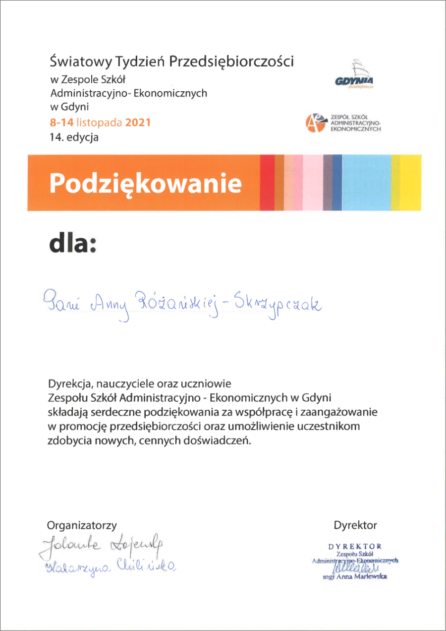 Podziękowanie Zespołu Szkół Administracyjno-Ekonomicznych w Gdyni