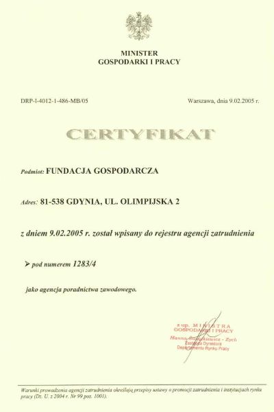 Certyfikat - agencja poradnictwa zawodowego